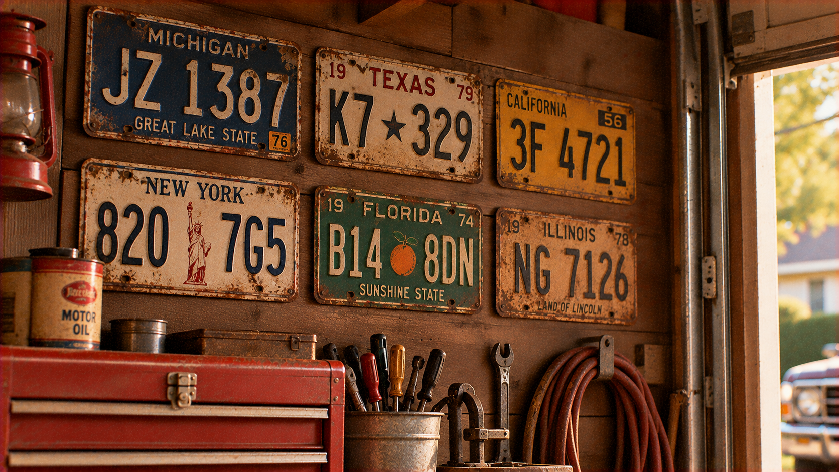 Six vintage American license plates from Michigan, Texas, California, New York, Florida, and Illinois mounted on a wooden wall above a workbench with tools.