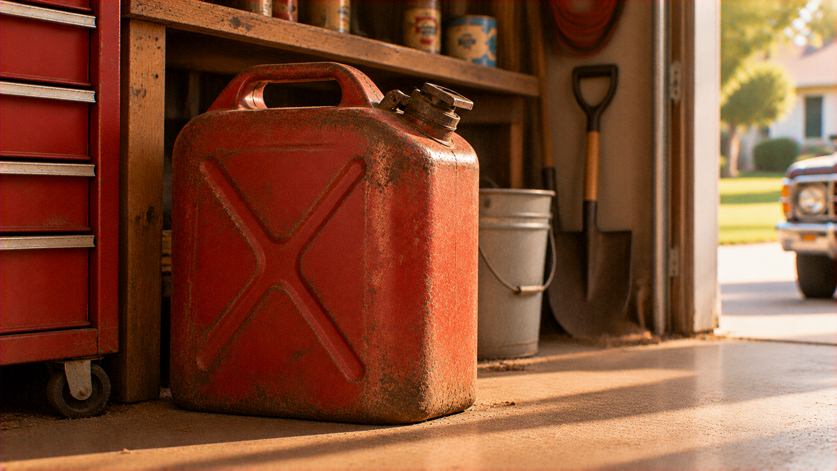 A weathered red metal jerrycan sitting on a garage floor near a red tool chest and a shovel.