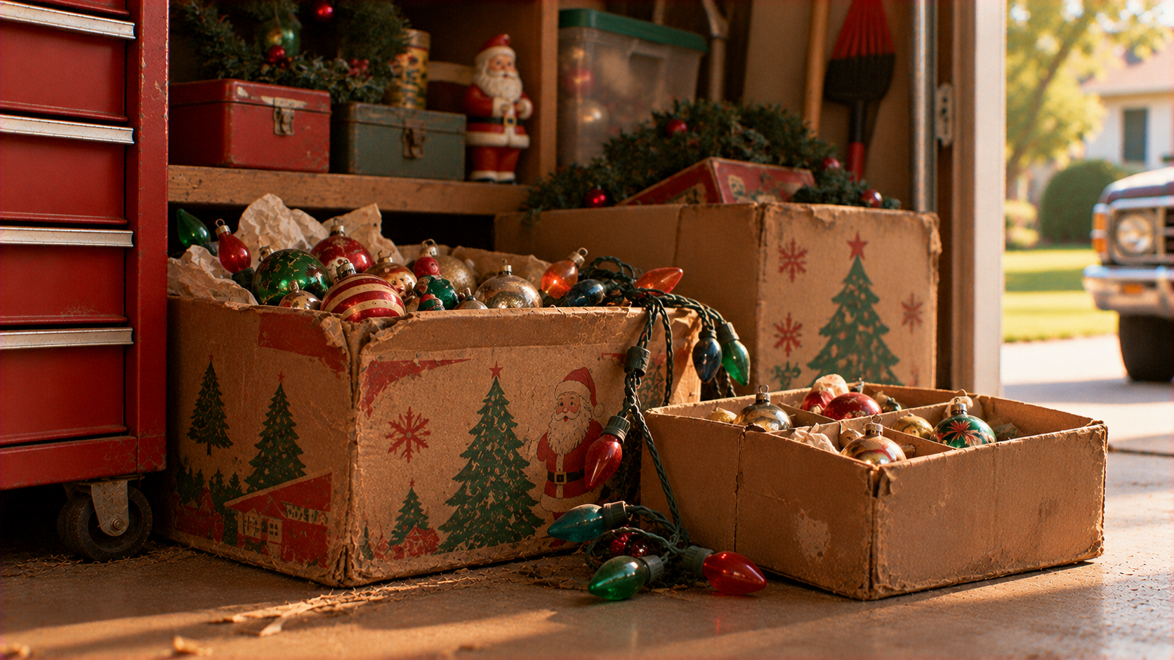 Cardboard boxes filled with vintage Christmas ornaments and a string of multi-colored lights in a garage.