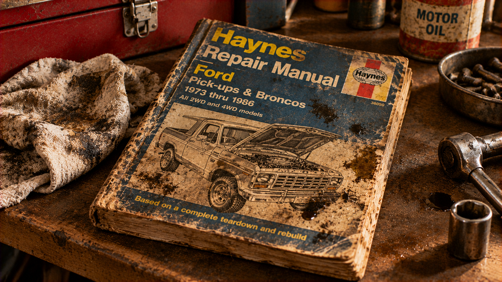 A grease-stained Haynes Repair Manual for 1973–1986 Ford pick-ups and Broncos sitting on a cluttered garage workbench.