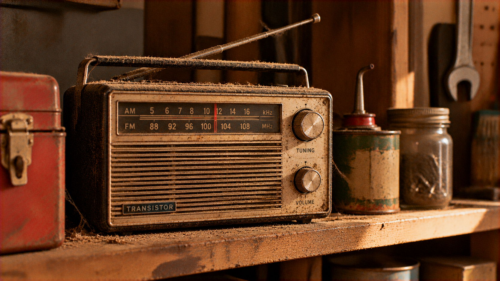 A dusty vintage transistor radio sits on a shelf in a workshop next to an oil can, a glass jar, and a red metal tool box.