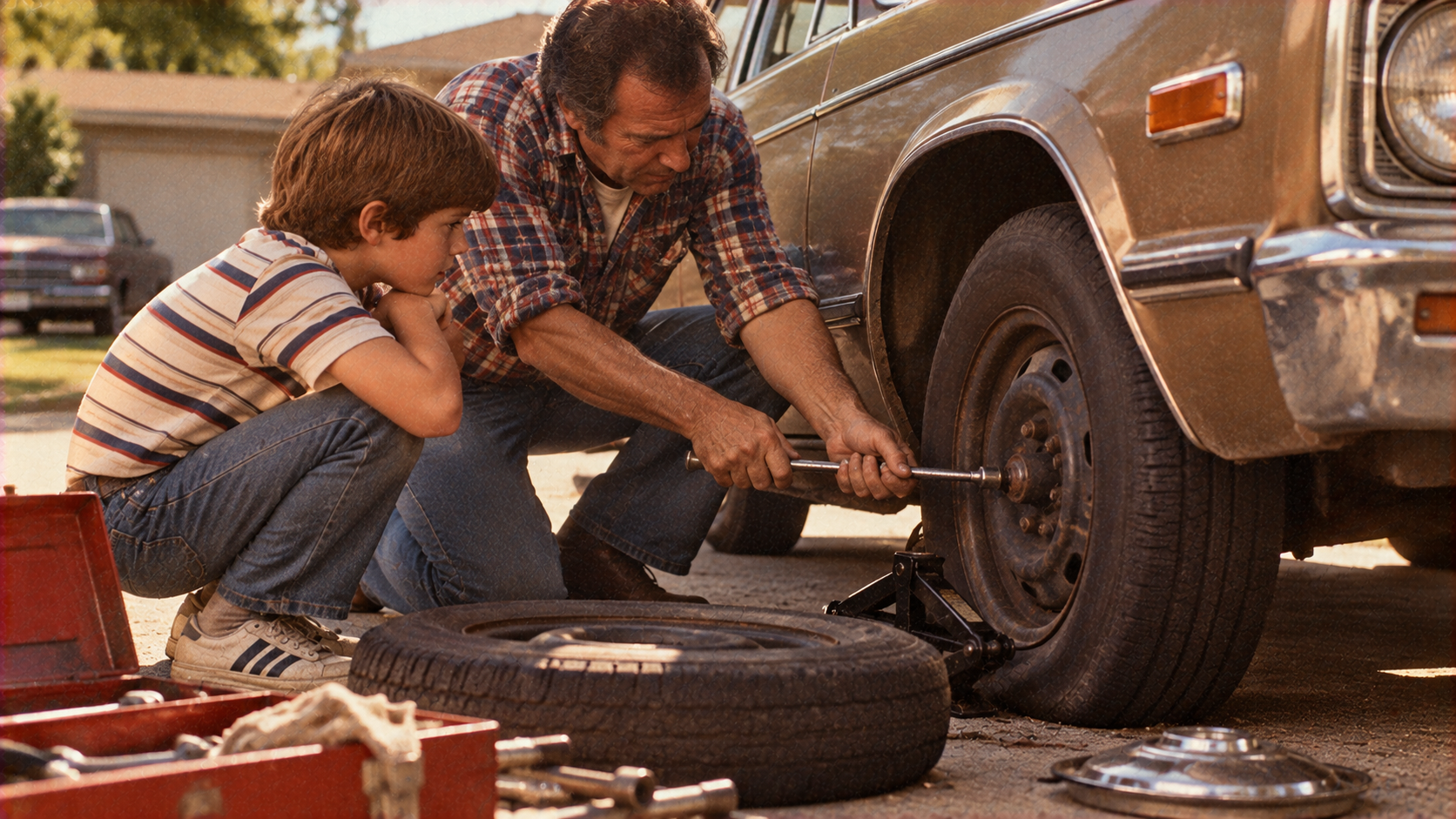 An older man and a young boy crouch beside a car as the man uses a lug wrench to change a flat tire.