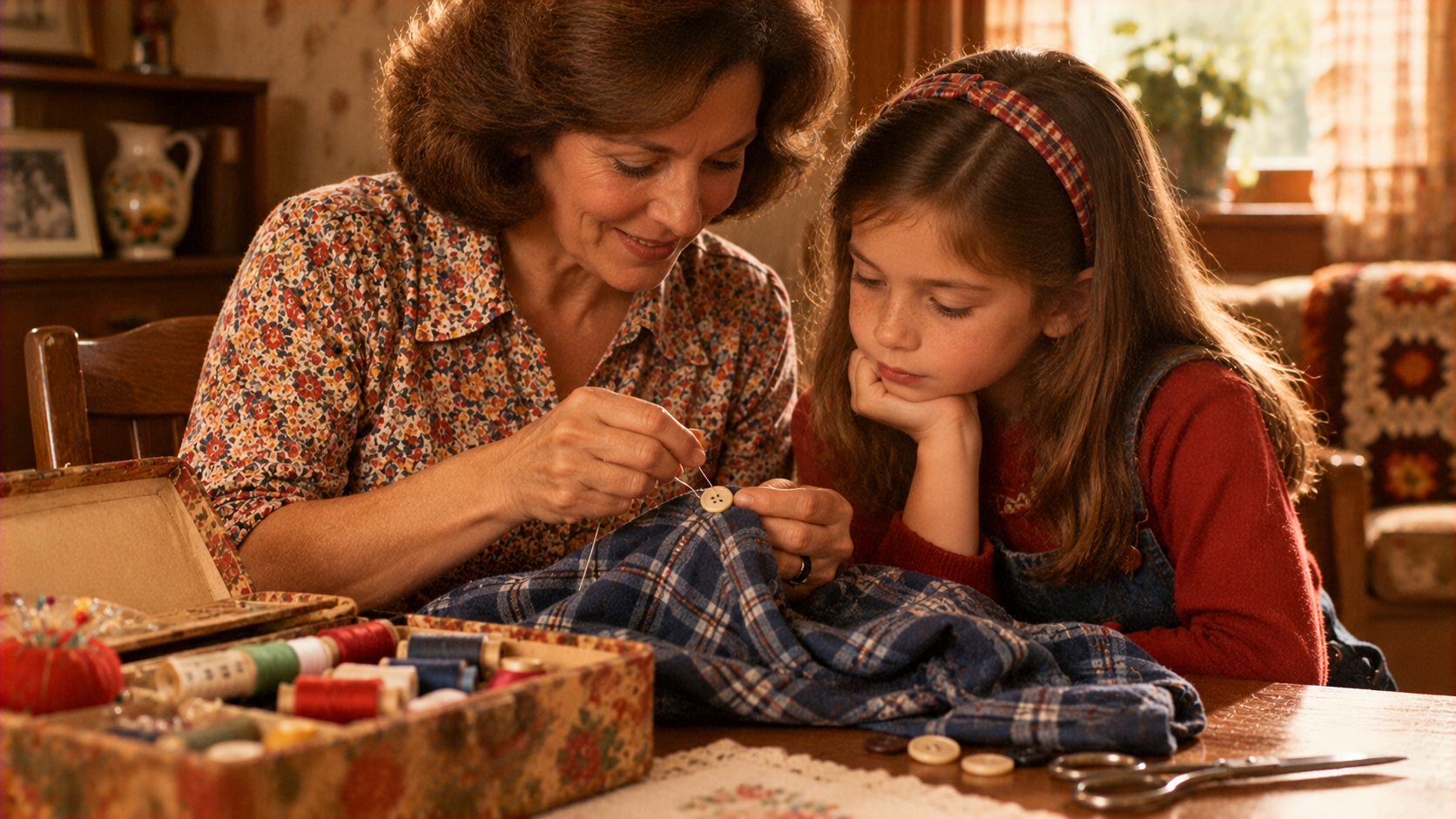An older woman teaches a young girl how to sew a button onto a plaid shirt.
