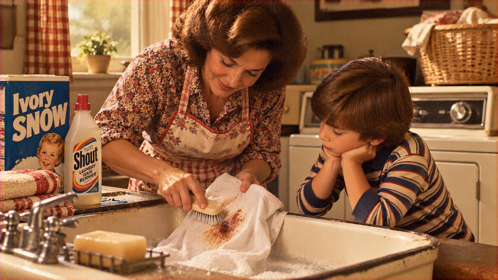 A woman in a floral apron scrubs a stained white cloth in a kitchen sink as a young boy watches intently, with Ivory Snow and Shout laundry products nearby.
