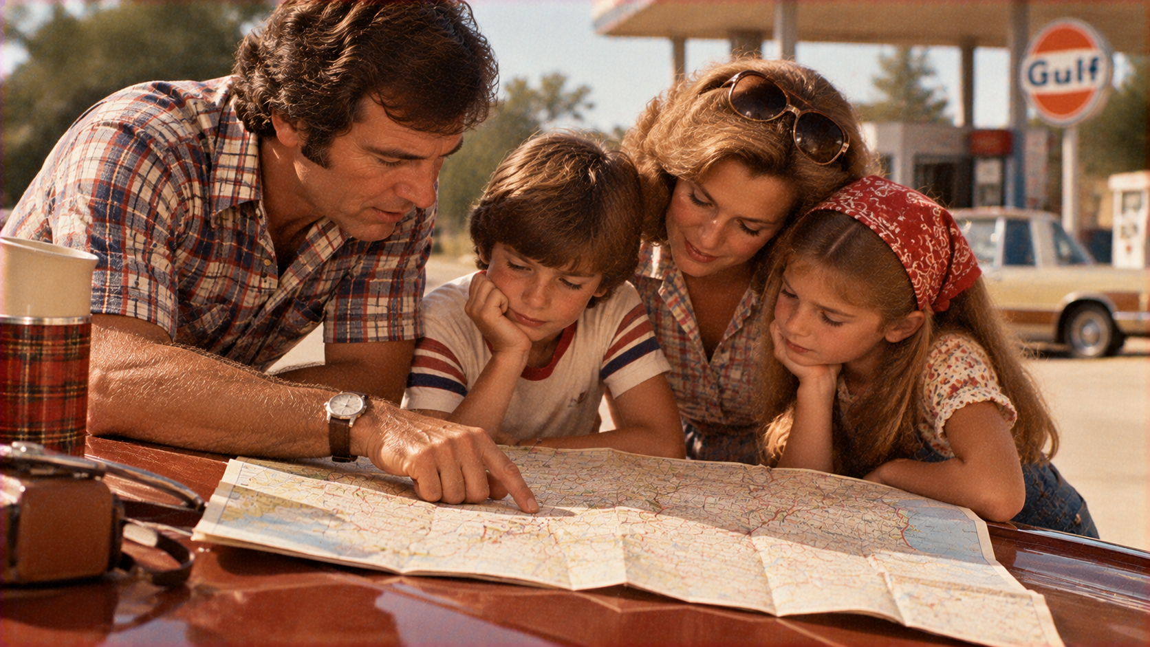A family of four gathers around the hood of a car at a gas station to look at a paper map.