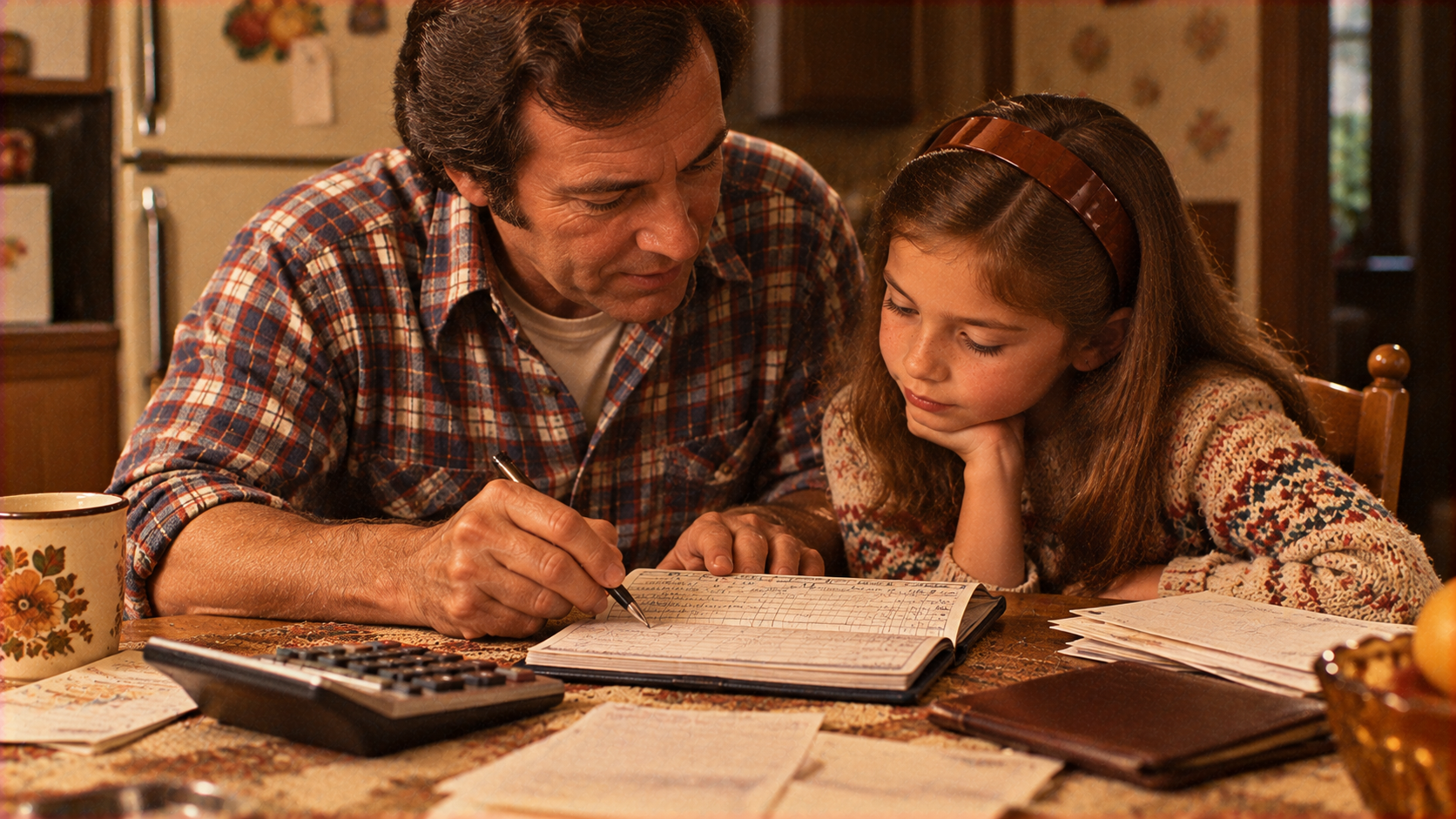 A man in a plaid shirt sits at a table with a young girl, helping her fill out a ledger while a calculator sits nearby.