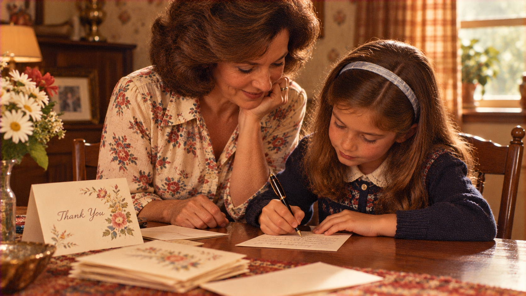 A woman watches as a young girl writes a note on a card at a wooden table, next to a stack of thank-you cards.