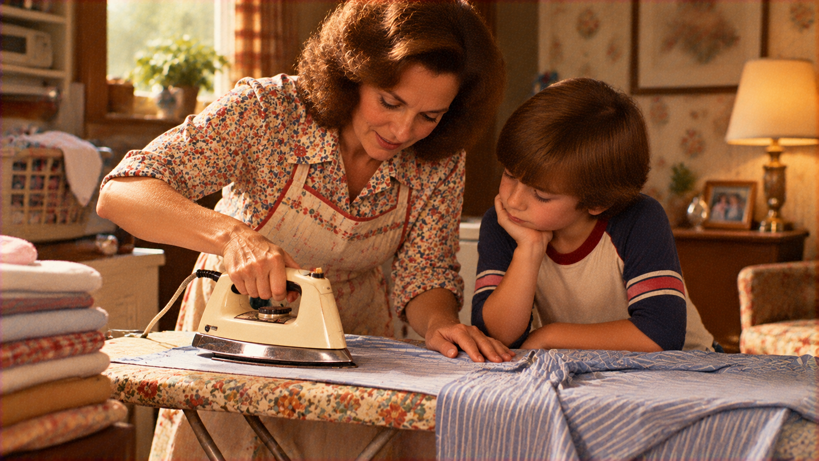 A woman in an apron irons a striped shirt while a young boy watches her.