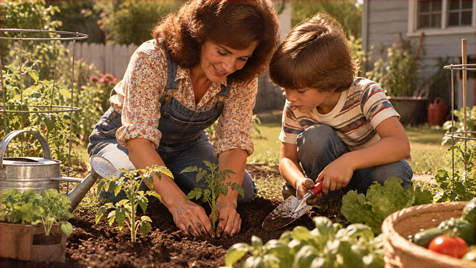 A woman and a young boy kneeling in a garden, planting a small tomato seedling together.