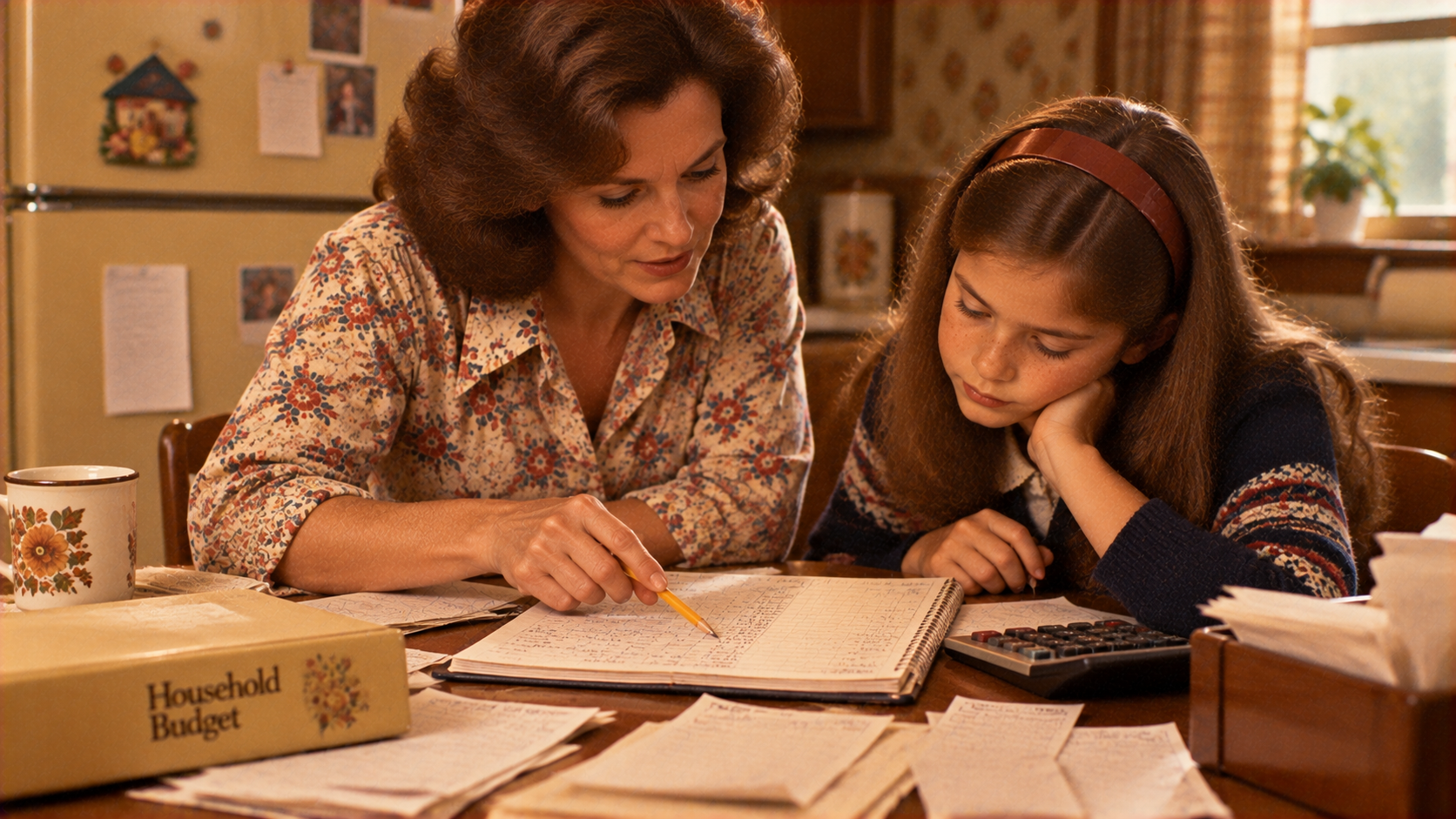 A woman helps a young girl with household budget calculations at a kitchen table.