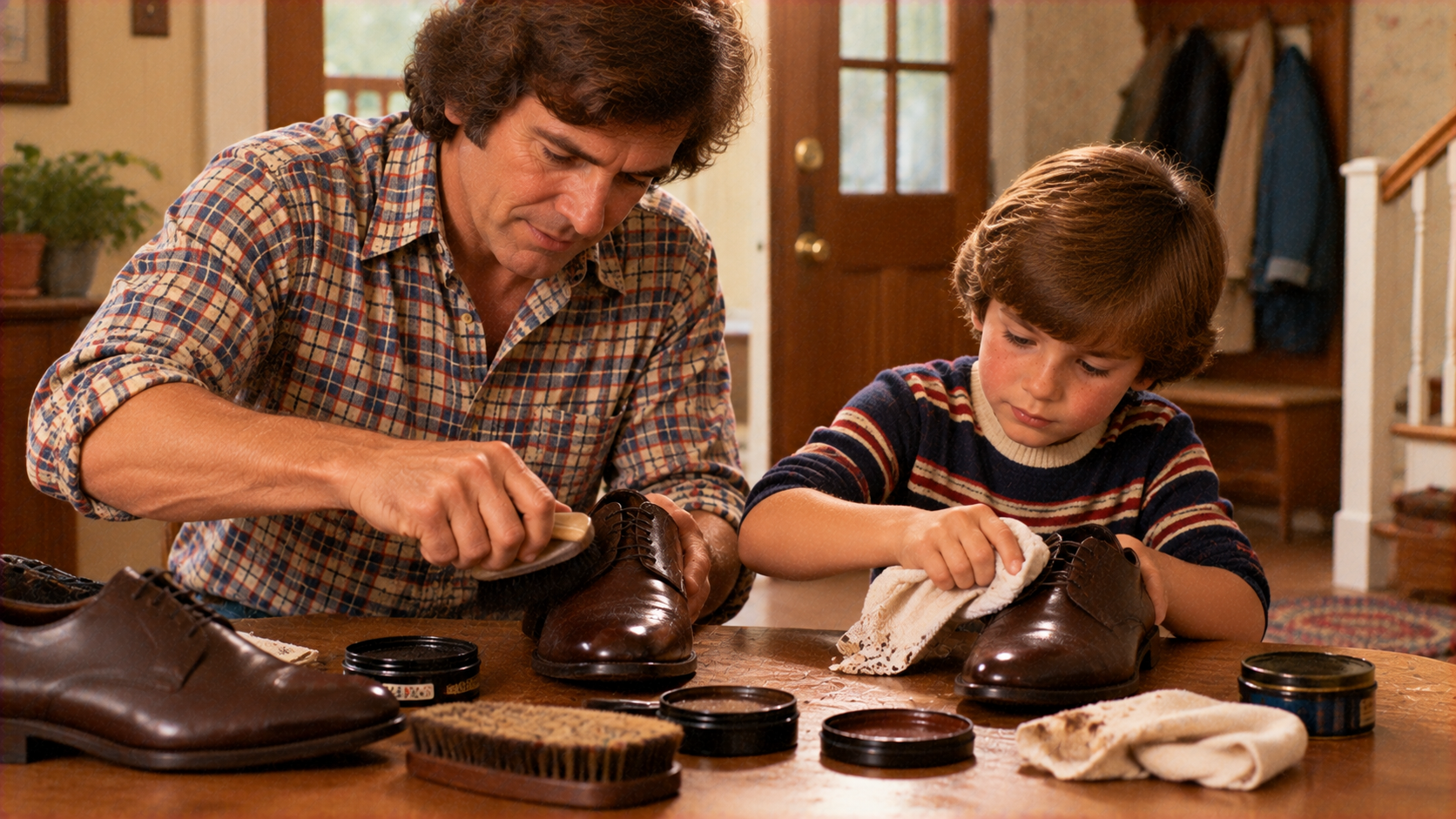 A man and a young boy sit at a table polishing brown leather dress shoes.