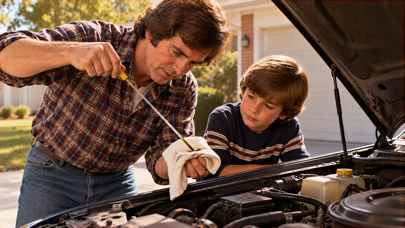 A man in a plaid shirt shows a young boy how to check the oil level in a car engine with a dipstick.