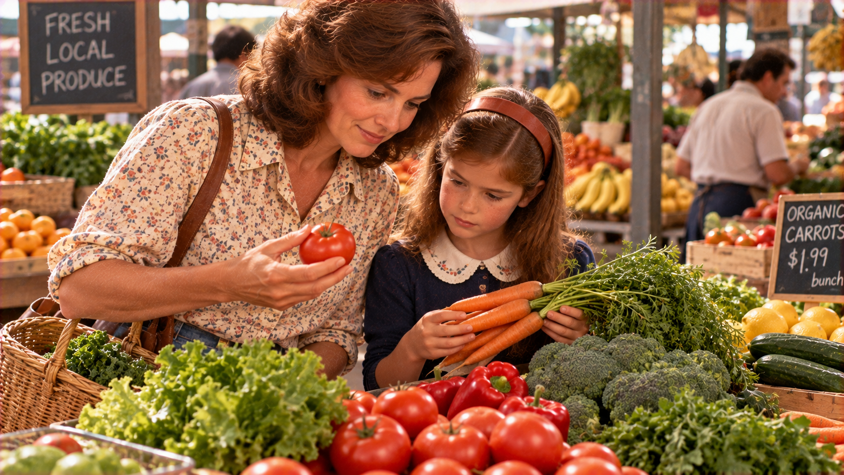 A woman and a young girl looking at fresh produce at an outdoor farmers market.