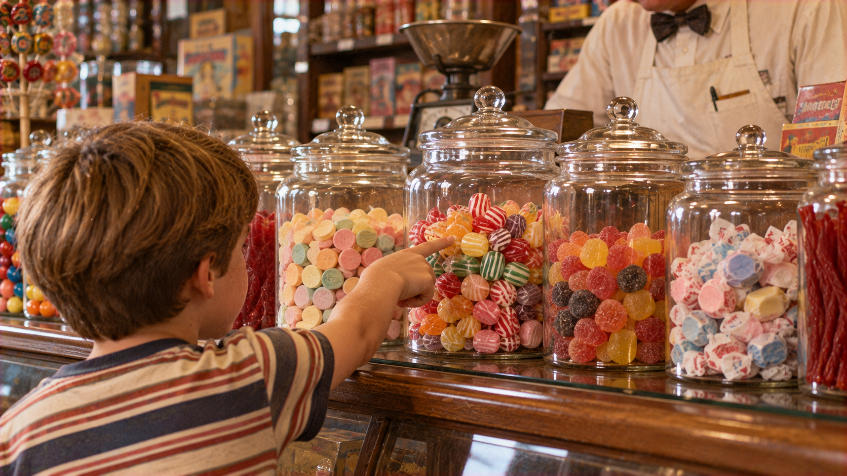 A young boy points at a glass jar of colorful hard candies in a sweet shop.