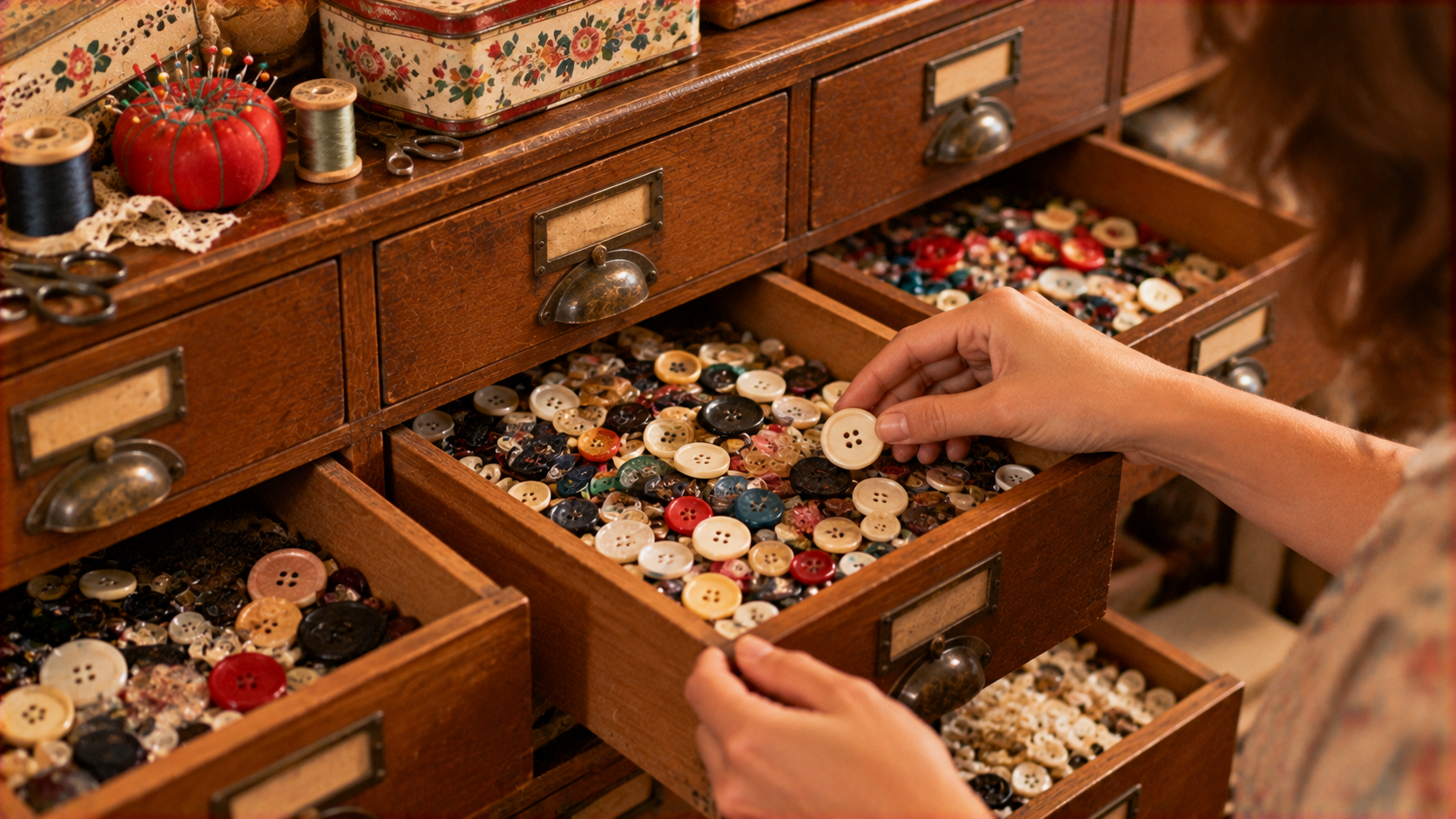 A person sorting through a wooden drawer filled with assorted buttons.