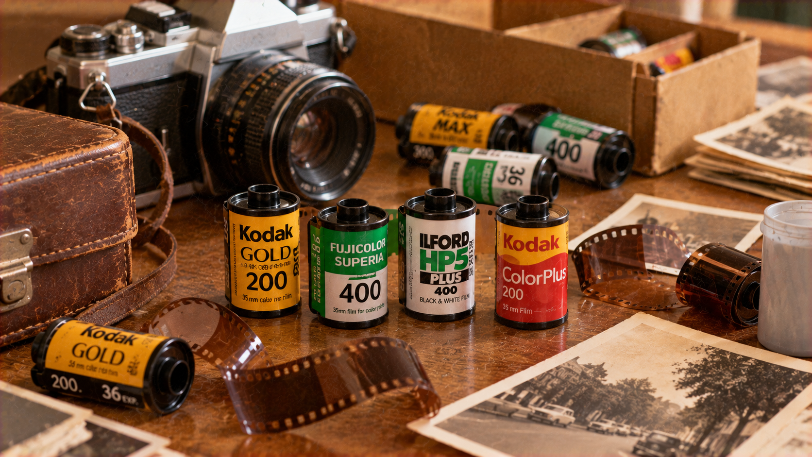 A vintage film camera, rolls of 35mm film, and old photographic prints arranged on a wooden table.