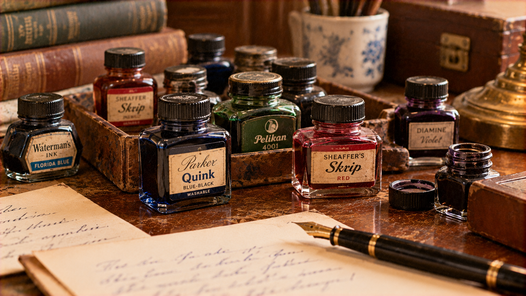 A collection of assorted glass bottles of fountain pen ink in various colors, arranged on a desk with a fountain pen and handwritten notes.