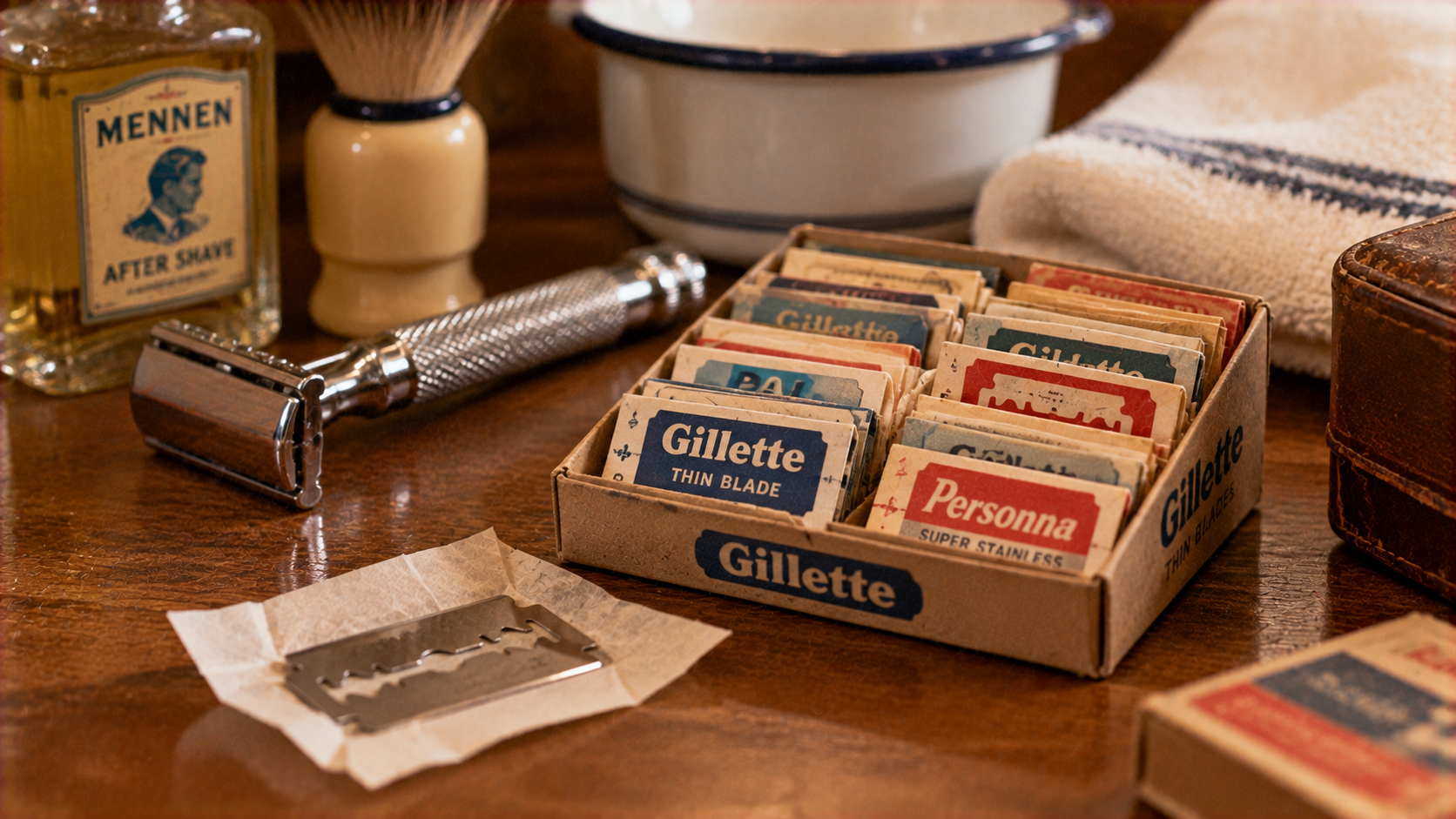 A safety razor, a bottle of Mennen aftershave, a shaving brush, and a box filled with vintage Gillette and Personna razor blades on a wooden counter.
