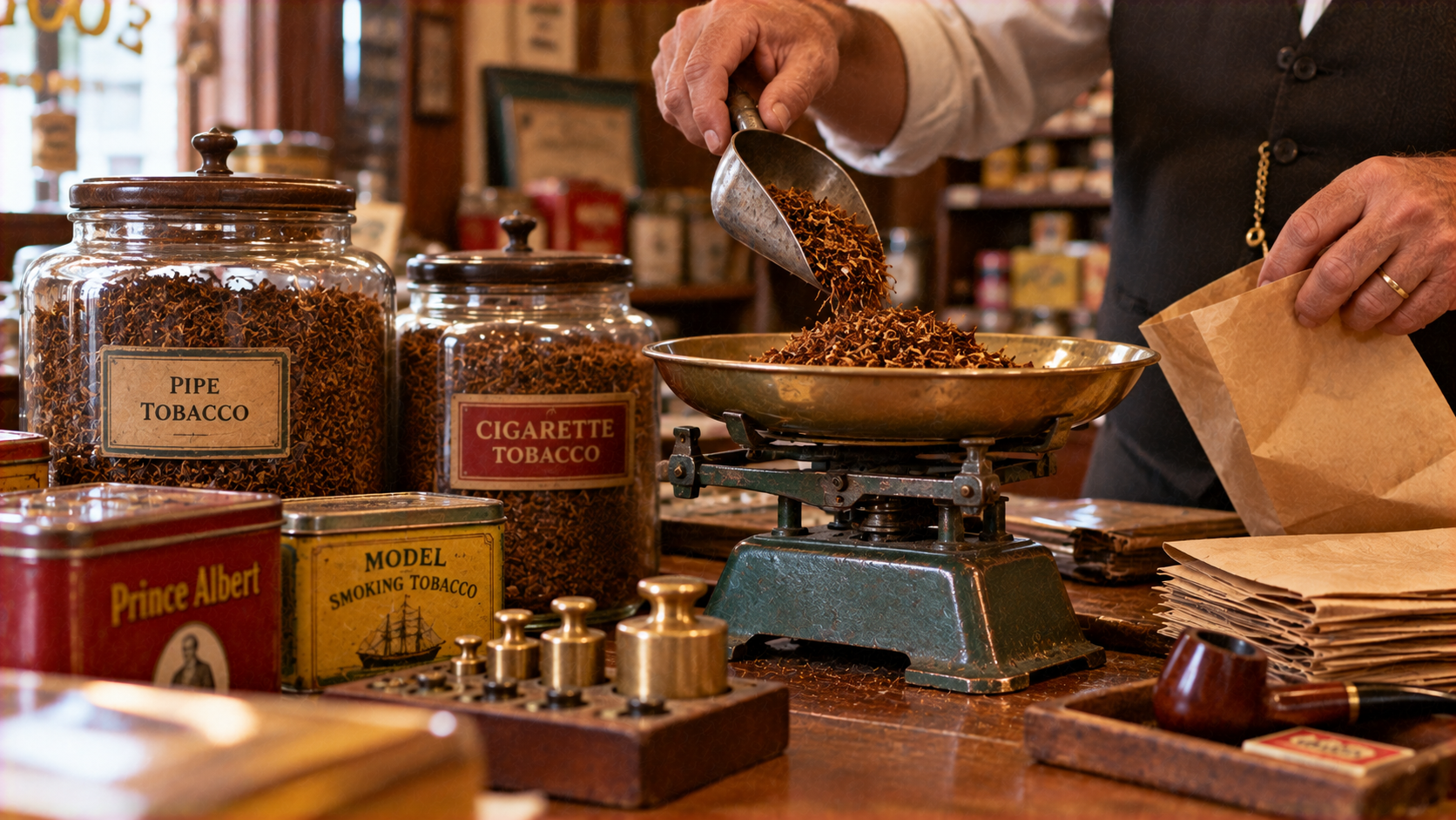A shopkeeper pours loose tobacco from a metal scoop onto a vintage scale, surrounded by jars and tins of pipe and cigarette tobacco.
