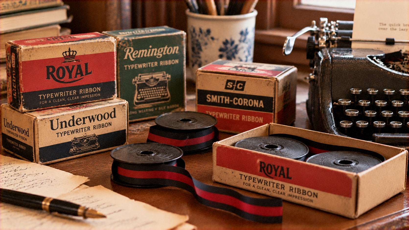 Vintage typewriter ribbon boxes from Royal, Remington, Smith-Corona, and Underwood arranged on a desk next to a typewriter and handwritten document.