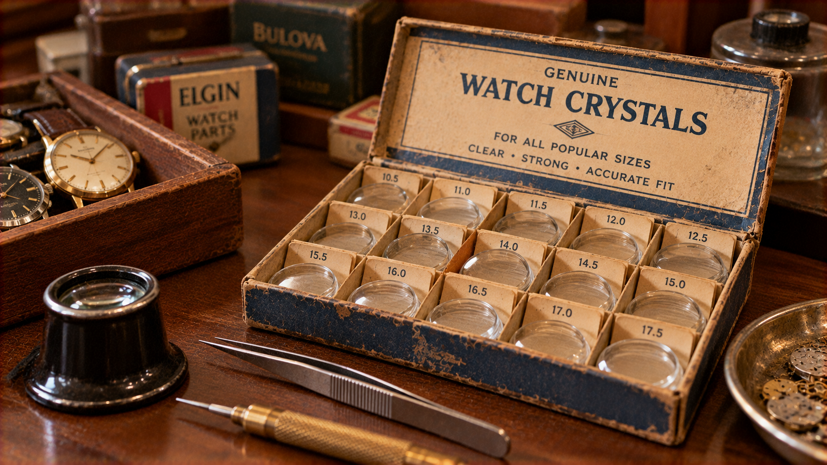 A vintage box of watch crystals labeled with various sizes, displayed on a workbench with watchmaking tools and spare parts.
