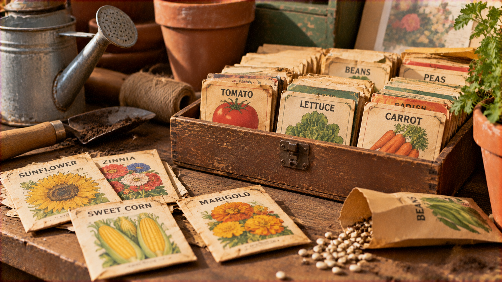 A wooden box filled with vintage-style seed packets including tomato, lettuce, and carrot, with loose packets of sunflower, zinnia, sweet corn, and marigold spread on a potting bench next to gardening tools.