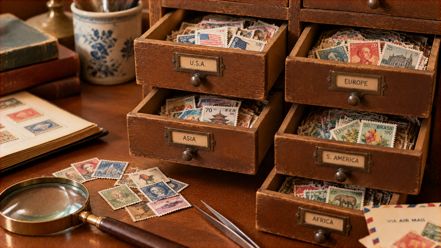 Wooden drawers labeled by continent, each filled with vintage postage stamps, with a magnifying glass and loose stamps on a desk.