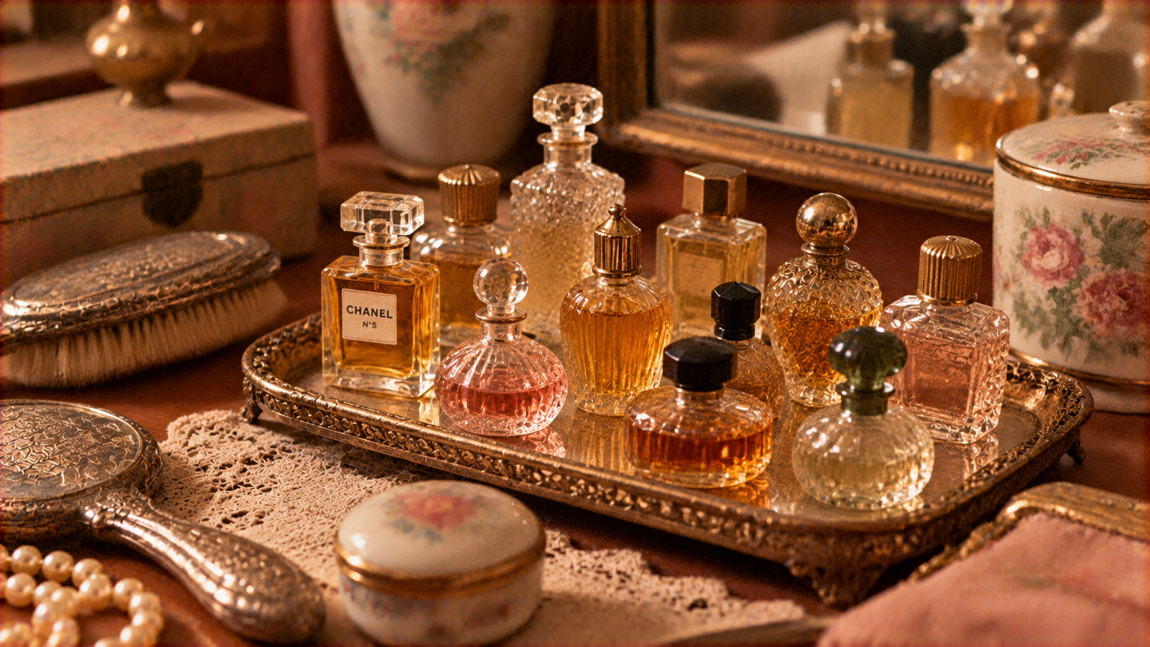 A collection of vintage perfume bottles on a gold vanity tray, including a bottle labeled Chanel No. 5.