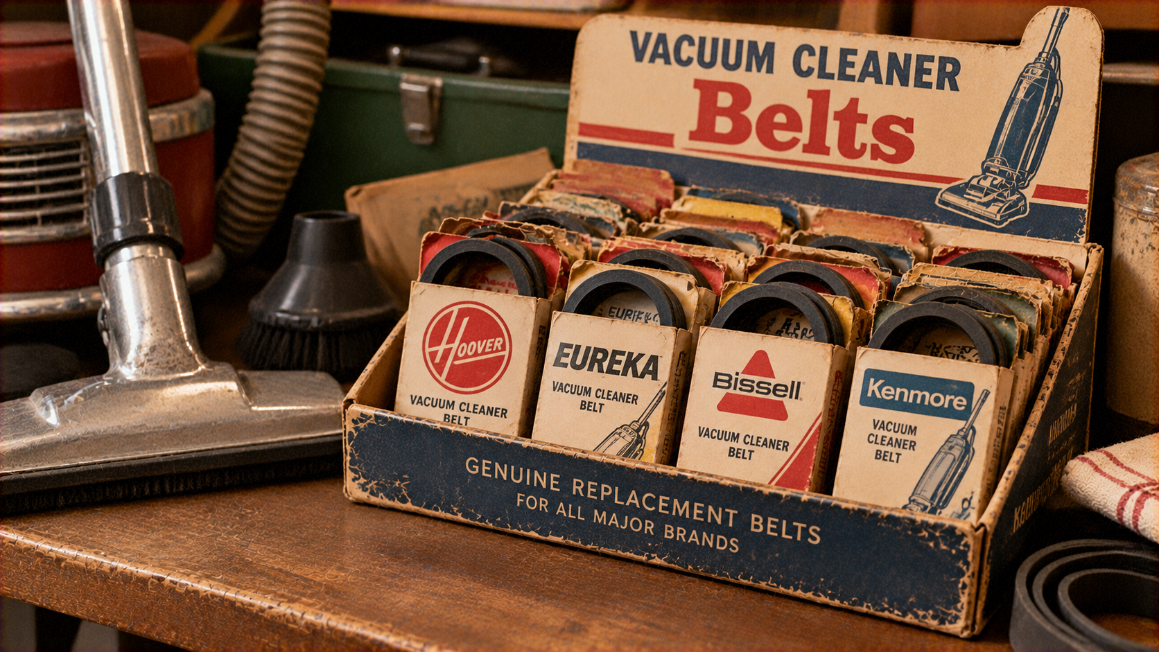 A retail display box of vacuum cleaner replacement belts, featuring boxes for Hoover, Eureka, Bissell, and Kenmore brands, sitting on a wooden workbench next to a vacuum attachment.