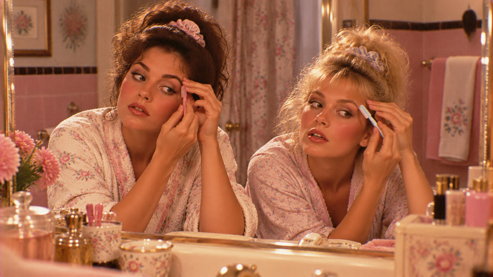 Two women in floral robes sit at a bathroom counter, shaping their eyebrows while looking in the mirror. The bathroom is decorated in pink with various beauty products and flowers on the counter.