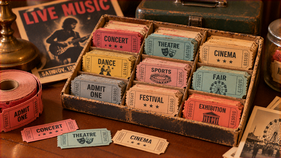 A partitioned wooden box filled with stacks of event tickets labeled Concert, Theatre, Cinema, Dance, Sports, Fair, Admit One, Festival, and Exhibition, with loose tickets and a roll of tickets nearby.