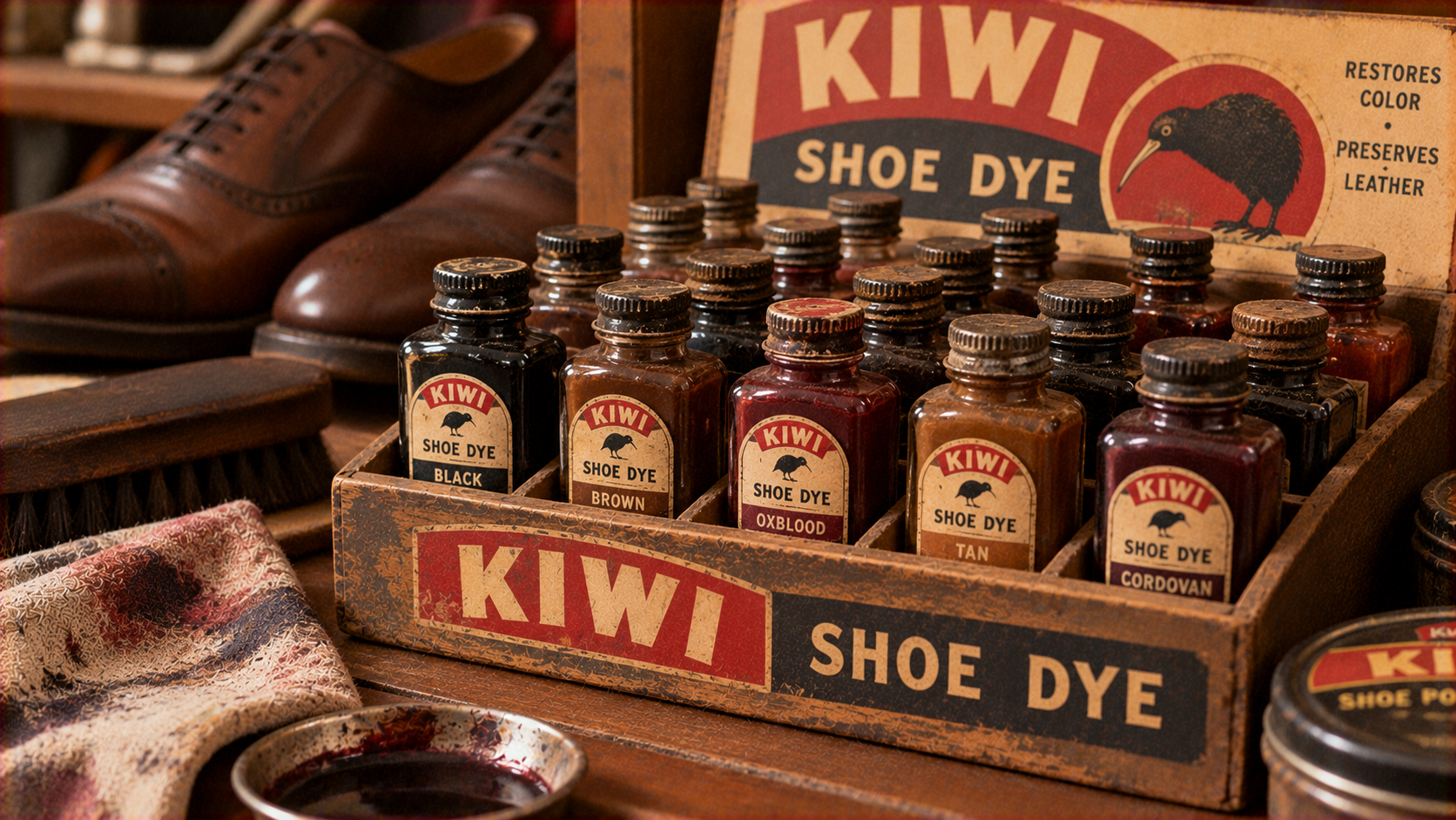 A wooden display box holding rows of Kiwi brand shoe dye bottles in various colors, with brown leather dress shoes and a cloth in the background.