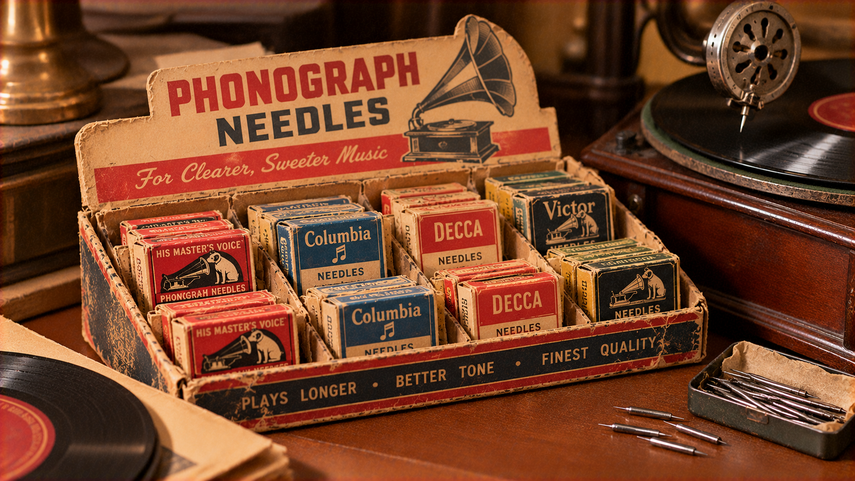 A cardboard store display box containing multiple small boxes of vintage phonograph needles from brands including Columbia, Decca, and Victor.