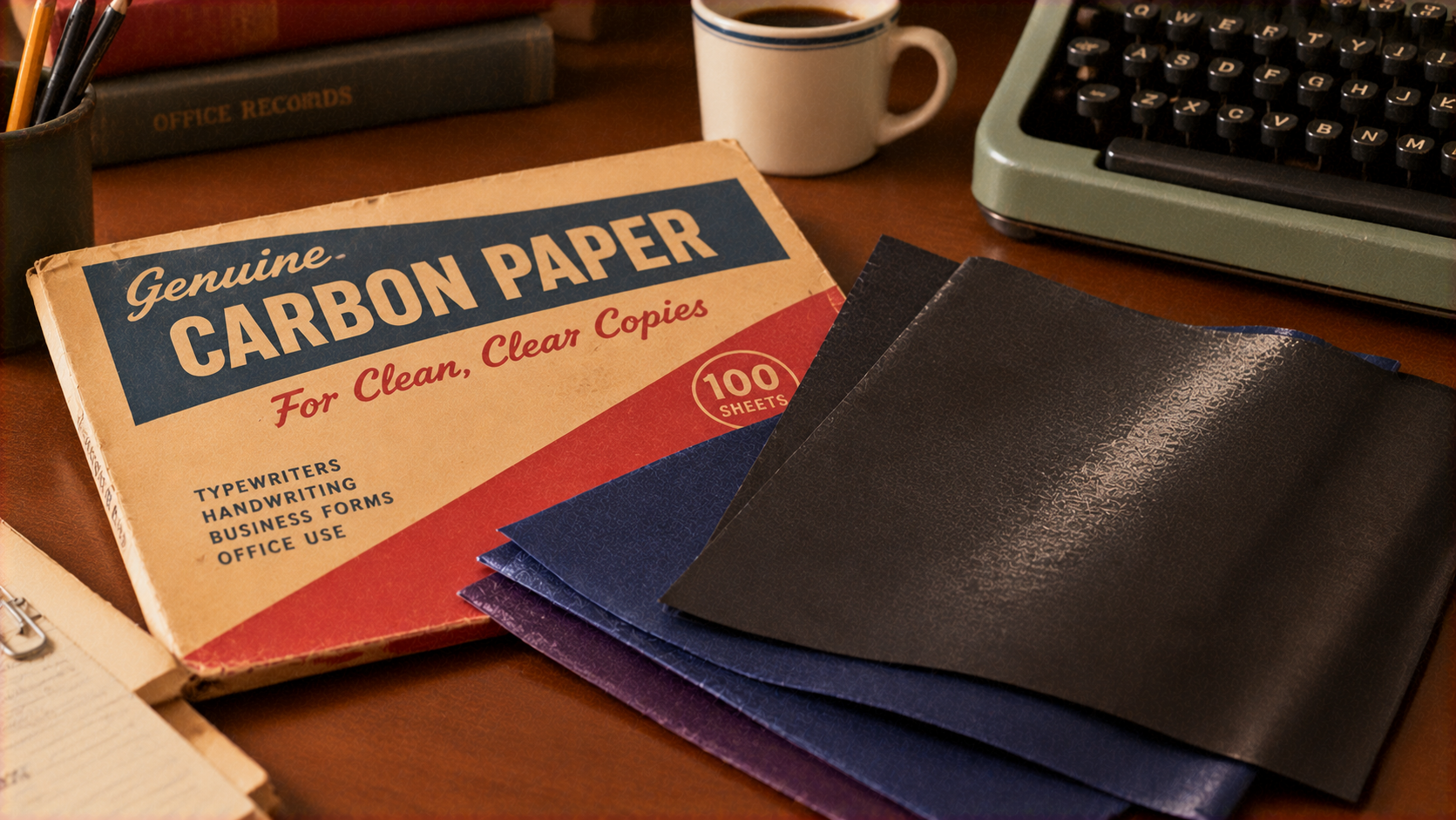 A box of carbon paper sitting on a desk next to a typewriter, a cup of coffee, and a stack of books.