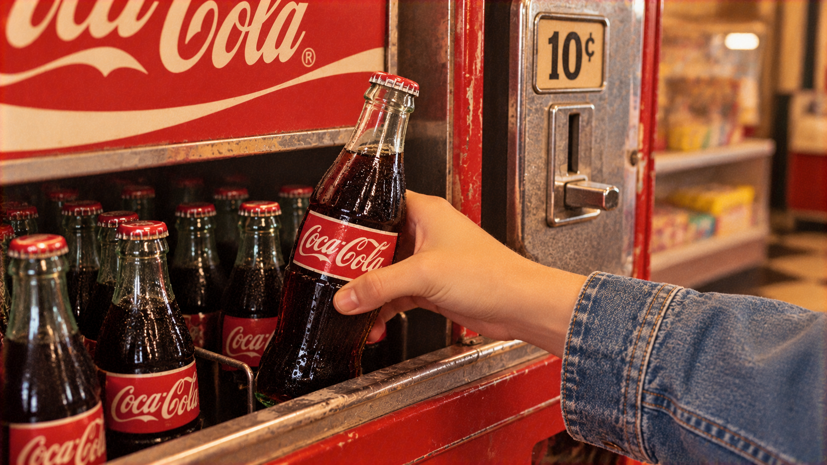 A hand pulls a glass bottle of Coca-Cola from a vintage red vending machine with a ten-cent coin slot.