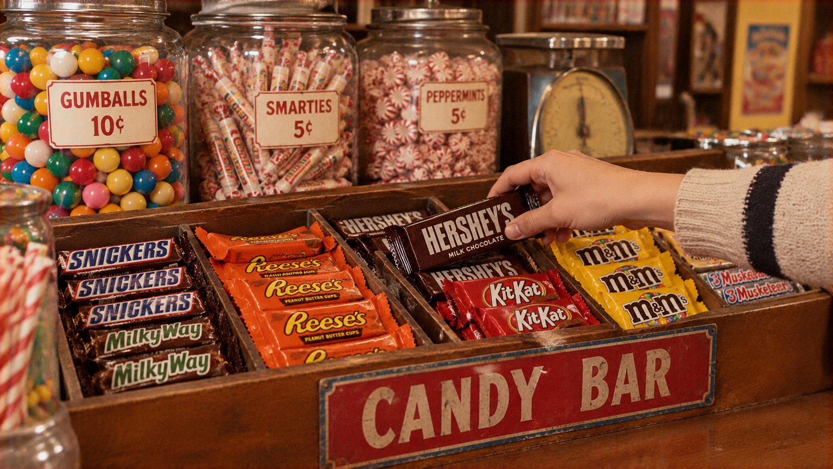 A hand reaches for a Hershey’s chocolate bar in a wooden display bin filled with assorted candy bars, sitting below glass jars of gumballs and peppermint candies.
