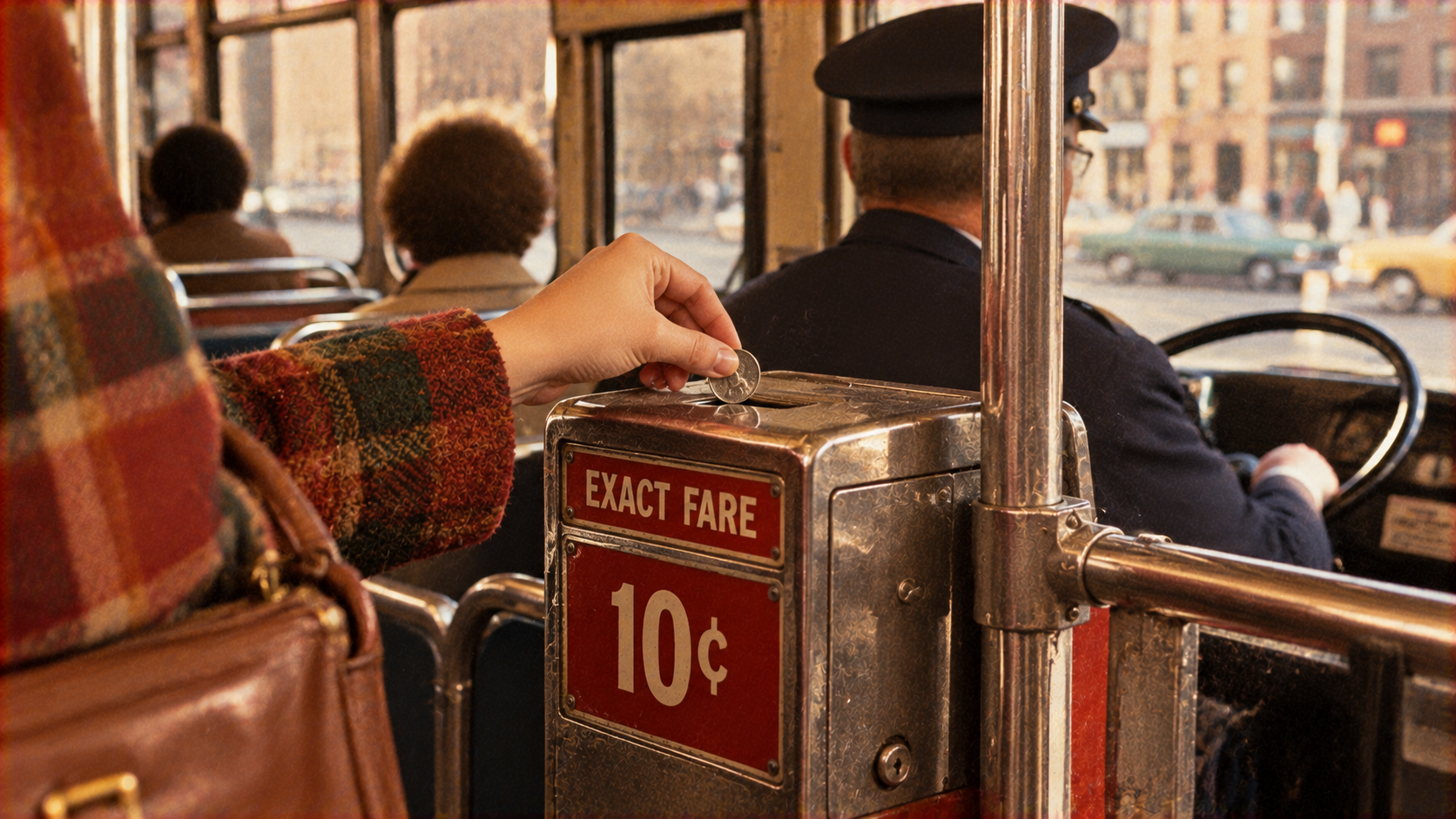 A person drops a coin into the metal fare box on a bus, which reads “Exact Fare” and “10¢.”