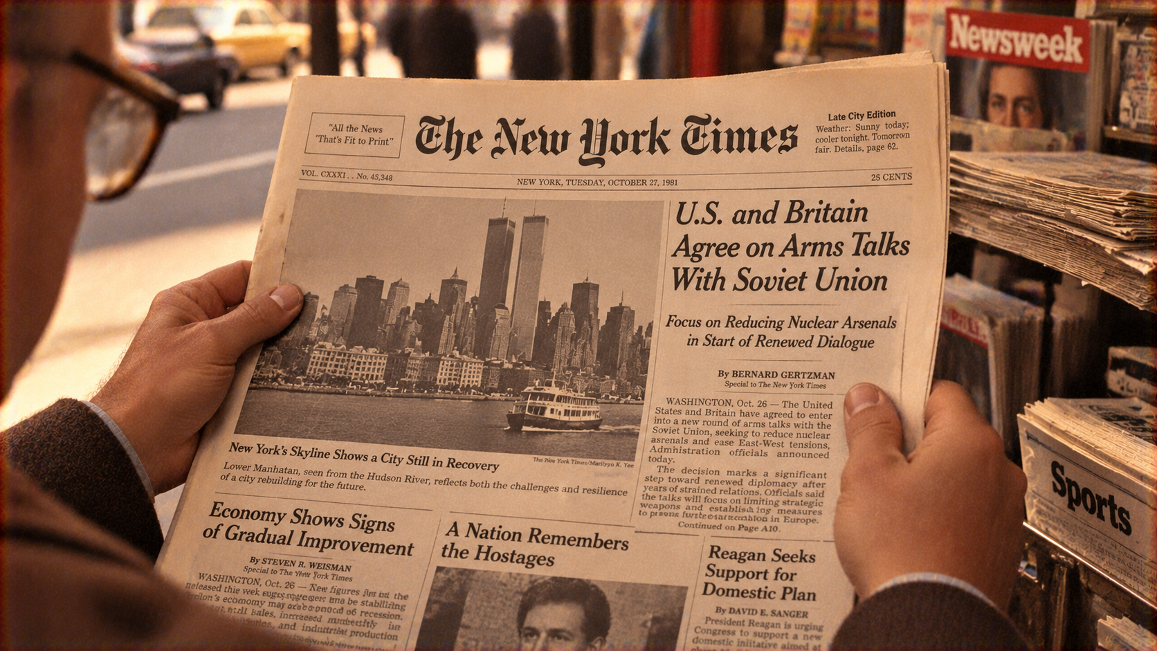 A person holds a copy of The New York Times newspaper from October 27, 1981, featuring a photo of the Twin Towers on the front page and a headline about U.S. and Britain arms talks with the Soviet Union.