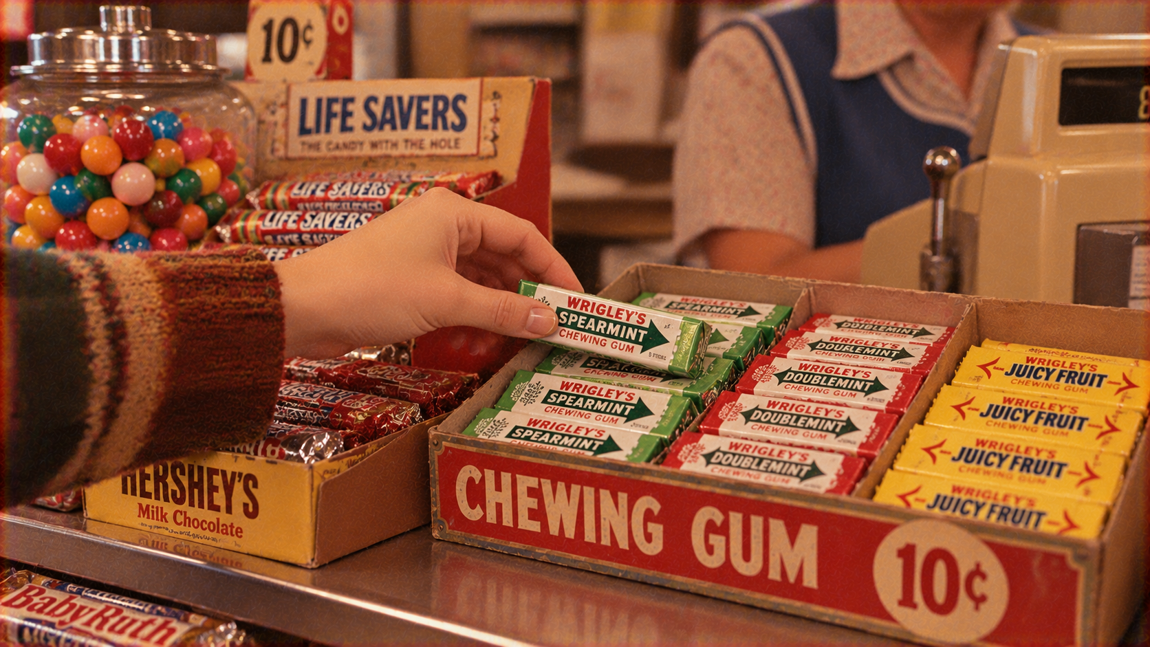 A hand reaches for a pack of Wrigley’s Spearmint chewing gum from a store display box filled with various brands of gum.