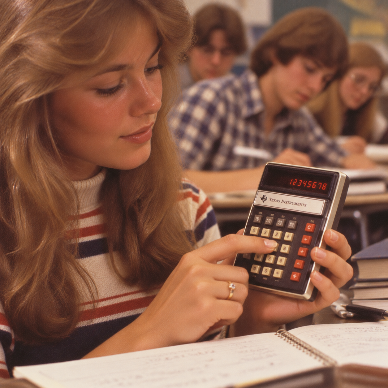 A student in a striped sweater uses a Texas Instruments calculator in class while taking notes. Other students are working in the background.