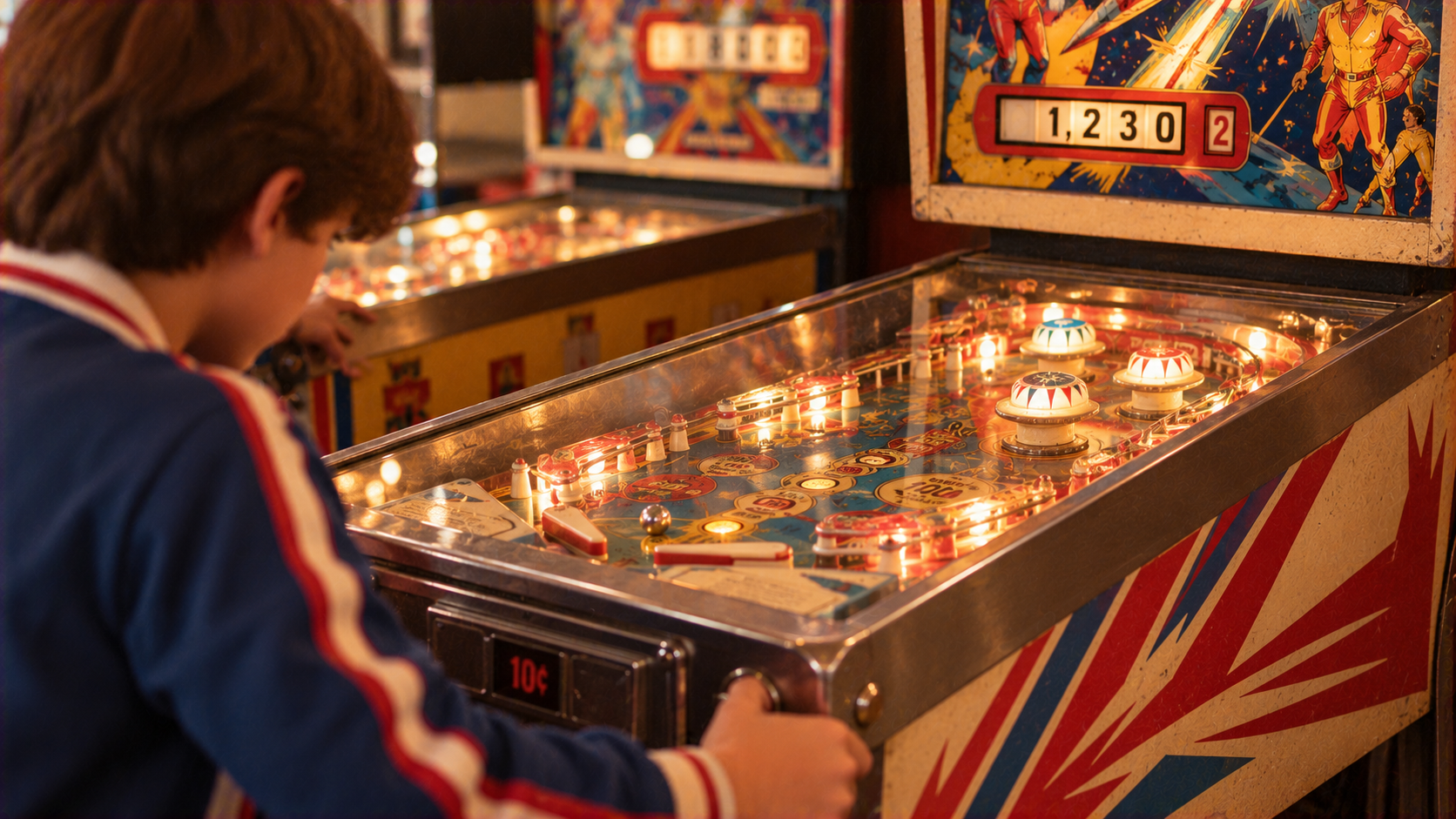 A young boy playing a pinball machine in an arcade.