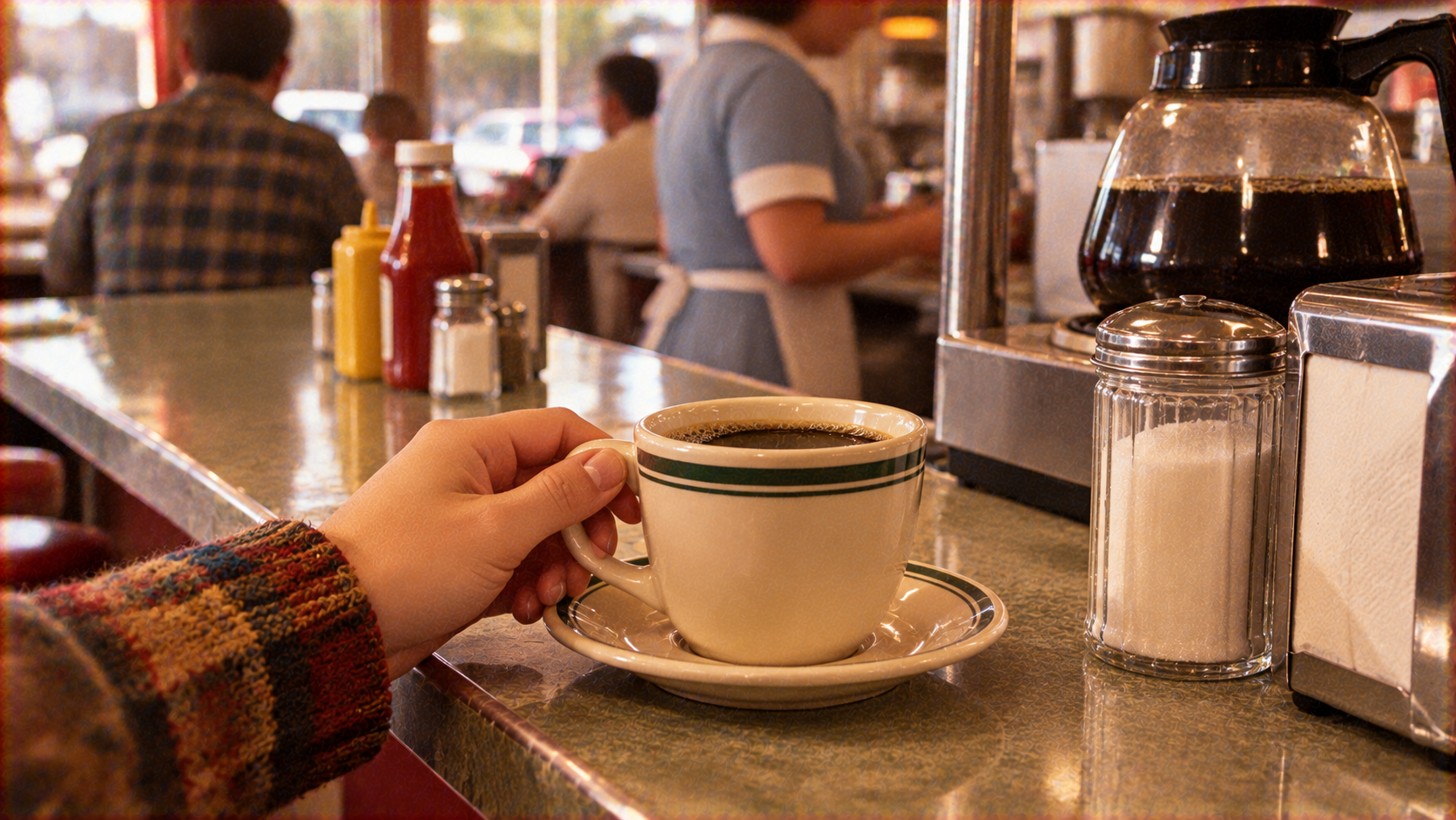 A hand holds a cup of black coffee on a diner counter, next to a glass sugar dispenser and a napkin holder.