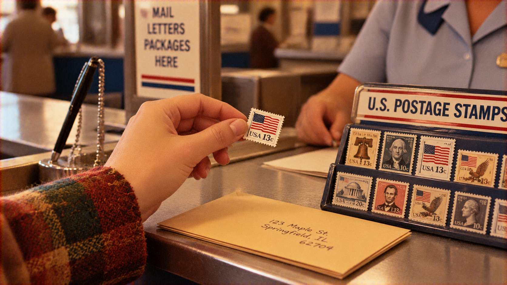 A hand holds a 13-cent American flag postage stamp over an envelope addressed to Springfield, Illinois, next to a U.S. postage stamp display at a post office counter.