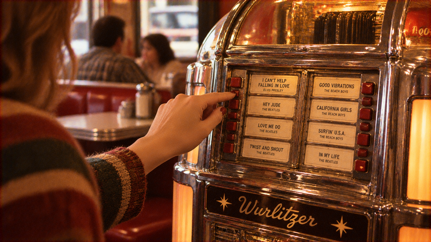 A person presses a button on a Wurlitzer jukebox to select a song.
