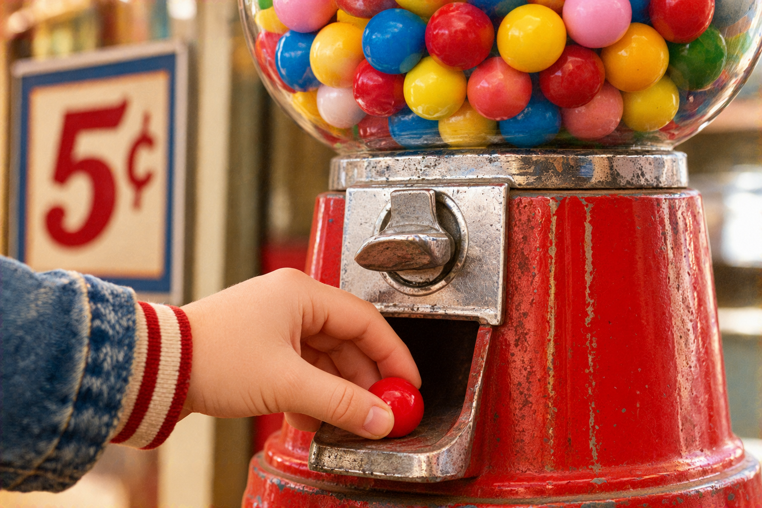 A child’s hand retrieves a red gumball from a vintage red coin-operated machine.