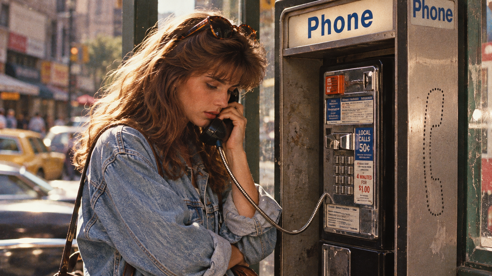 A young woman in a denim jacket talks on a public payphone on a busy city street.
