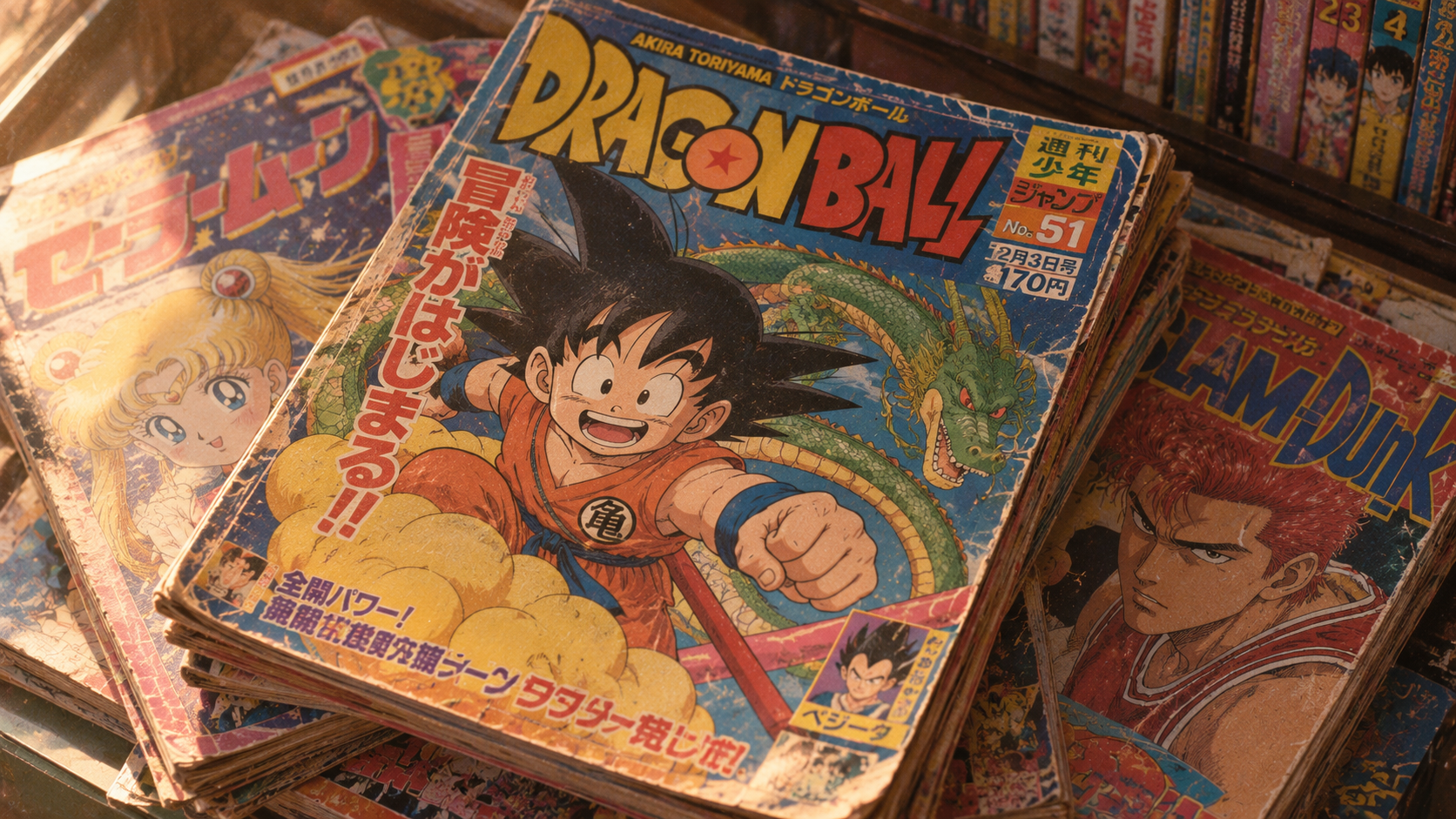 A stack of vintage Japanese manga magazines featuring a Dragon Ball issue on top, with Sailor Moon and Slam Dunk covers visible underneath.