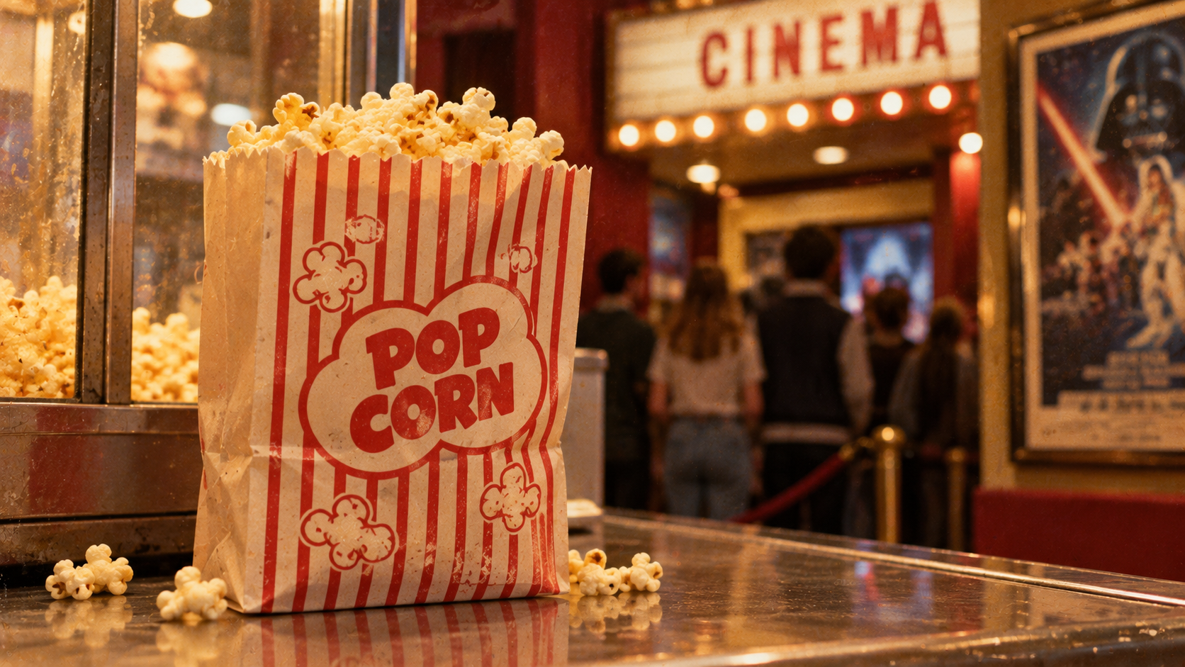 A bag of popcorn sits on a concession stand counter in front of a movie theater lobby.