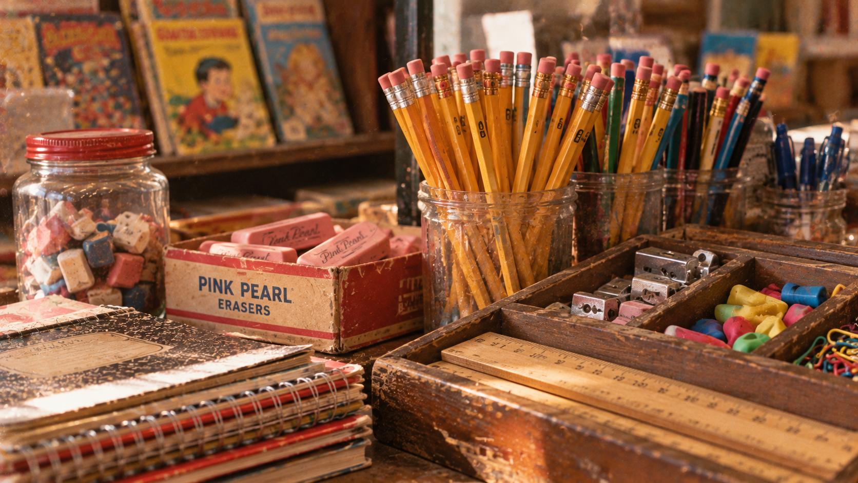 A collection of school supplies including yellow pencils in glass jars, Pink Pearl erasers in a box, sharpeners, a wooden ruler, and notebooks.