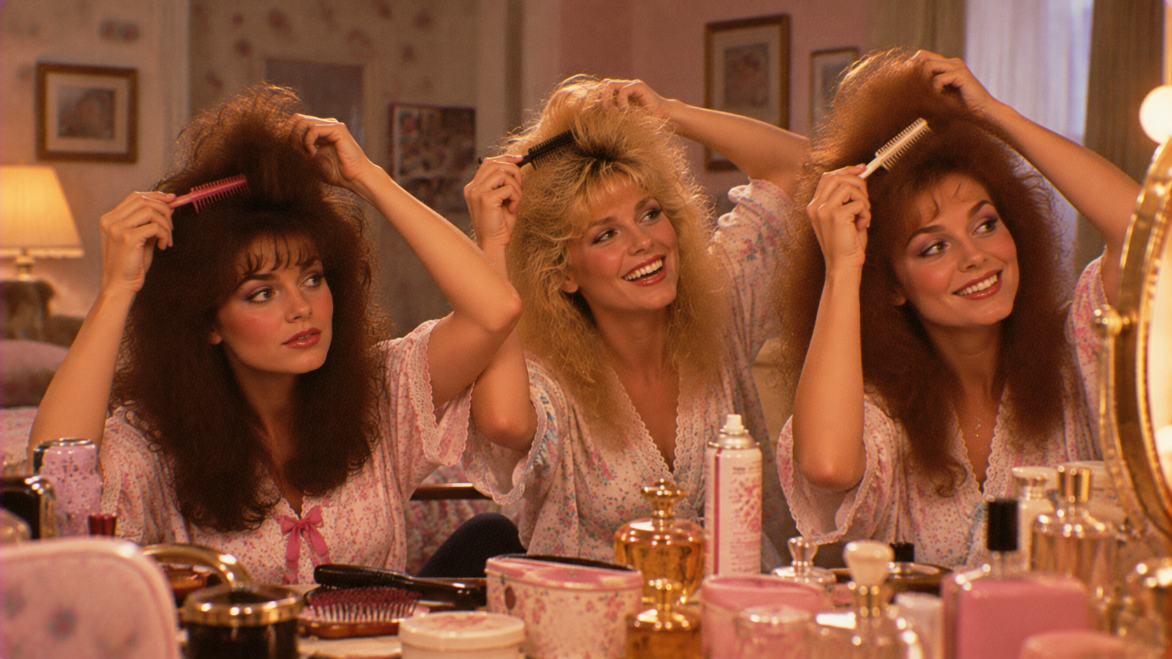 Three women with big, voluminous 1980s hairstyles sit at a vanity, smiling and teasing their hair with combs. The vanity is covered with beauty products and mirrors. The scene is bright and cheerful.